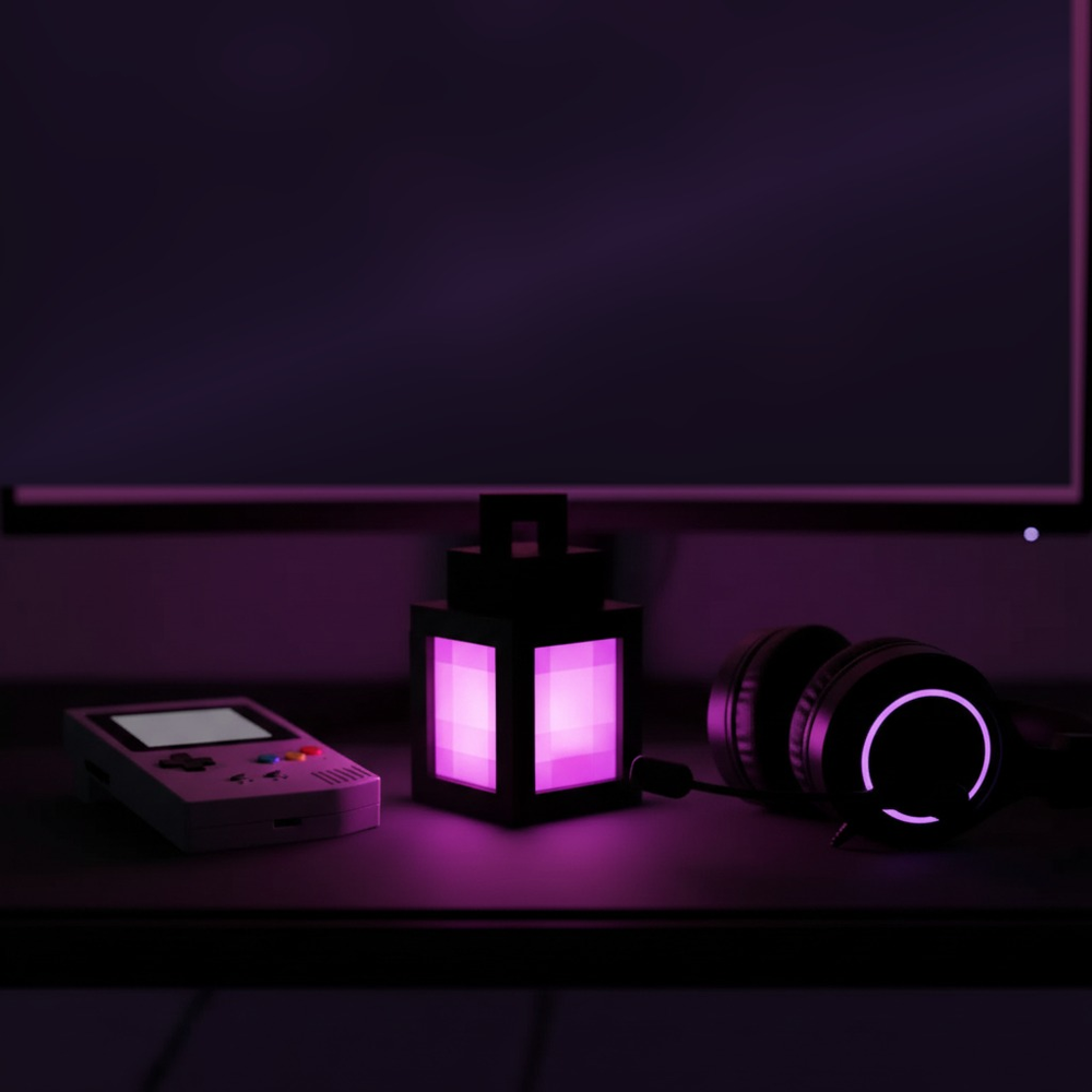 Overworld Lantern on a gaming desk with a retro handheld