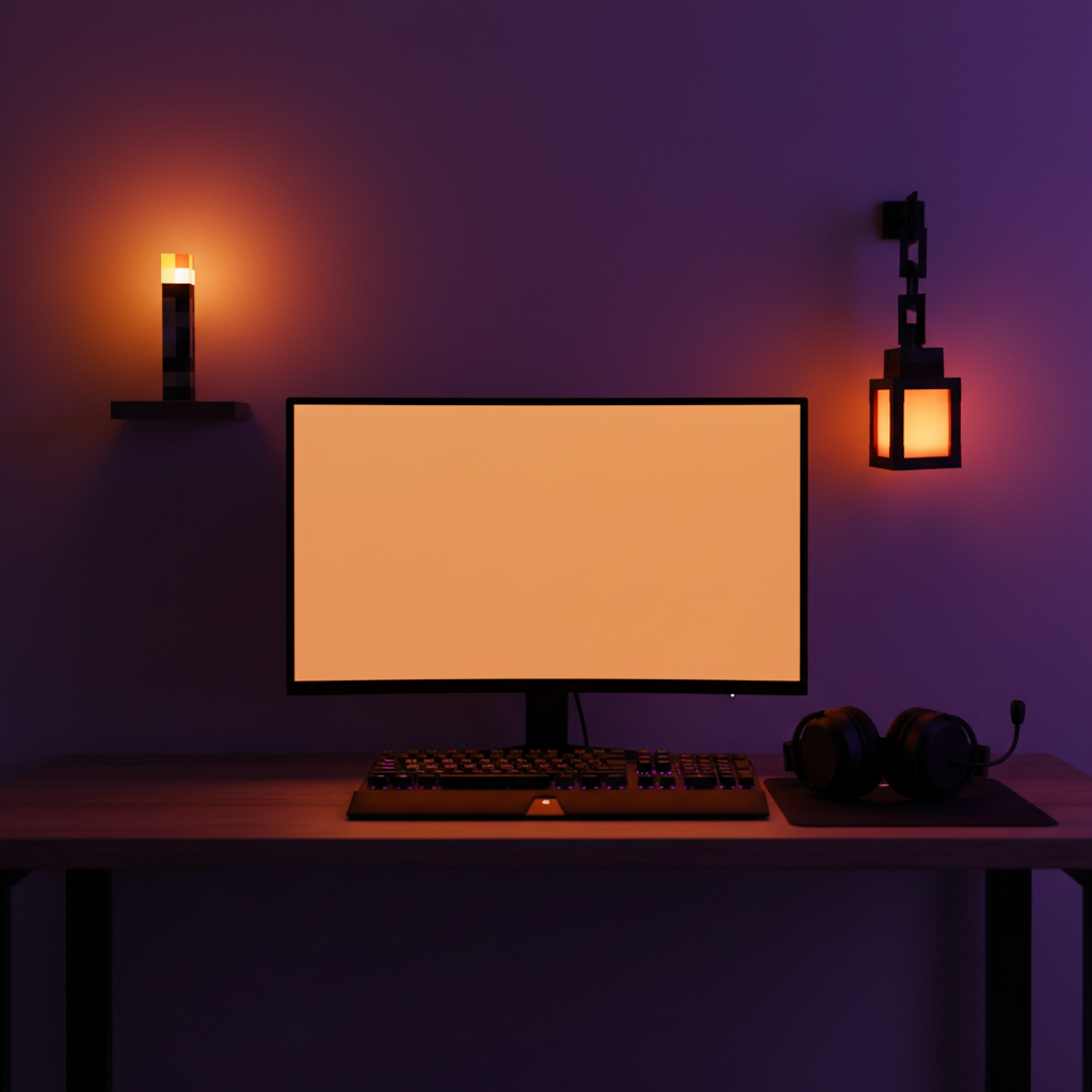 Overworld Torch and Lantern wall mounted above a gaming desk