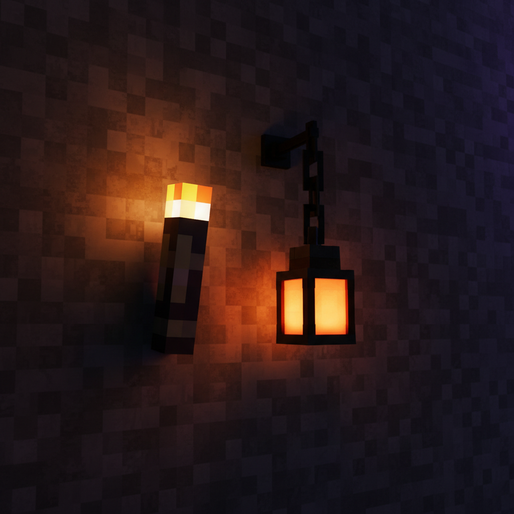Overworld Torch and Lantern glowing on a stone wall
