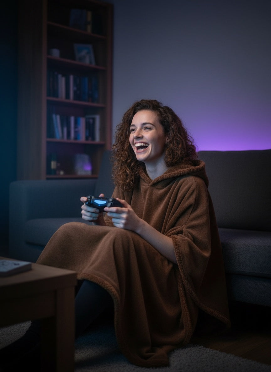 Legends Eden Hoodie in Cocoa Brown, gaming on the couch at night