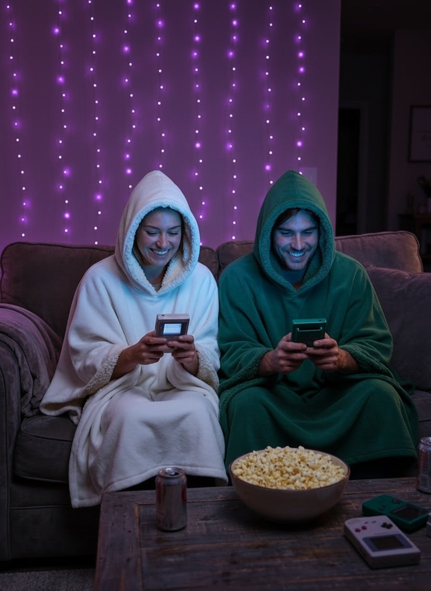 Two friends on game night in the Legends Eden Hoodie, Ice White and Emerald Green