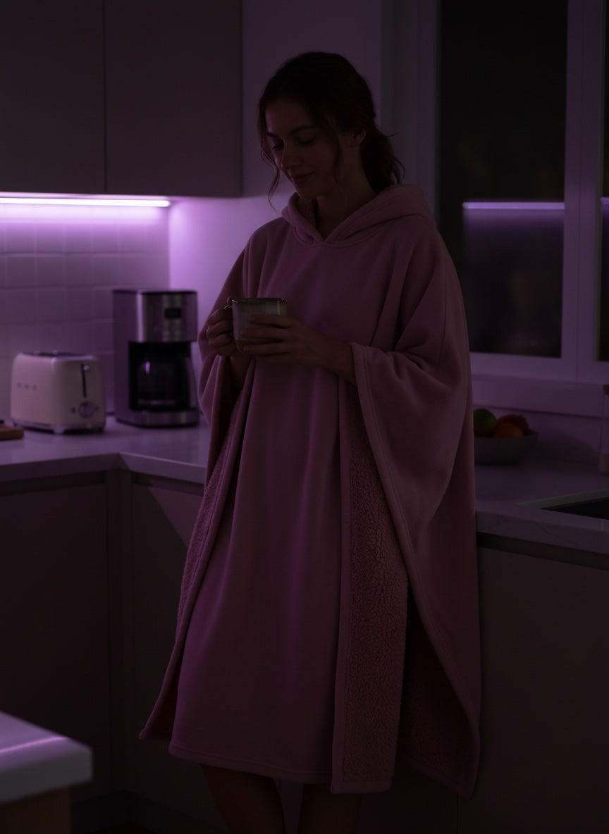 Legends Eden Hoodie in Blush Pink, morning coffee at the kitchen counter
