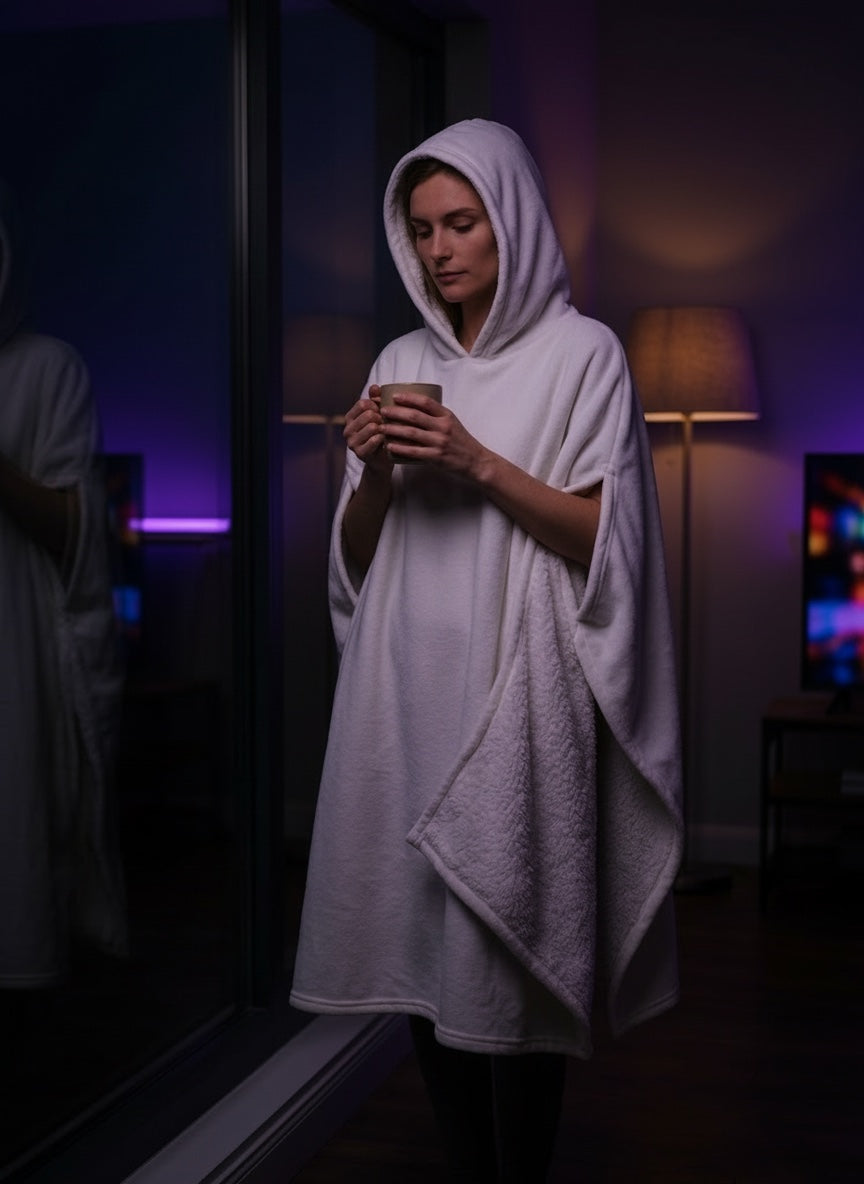 Legends Eden Hoodie in Ice White, hood up by the window with a warm mug