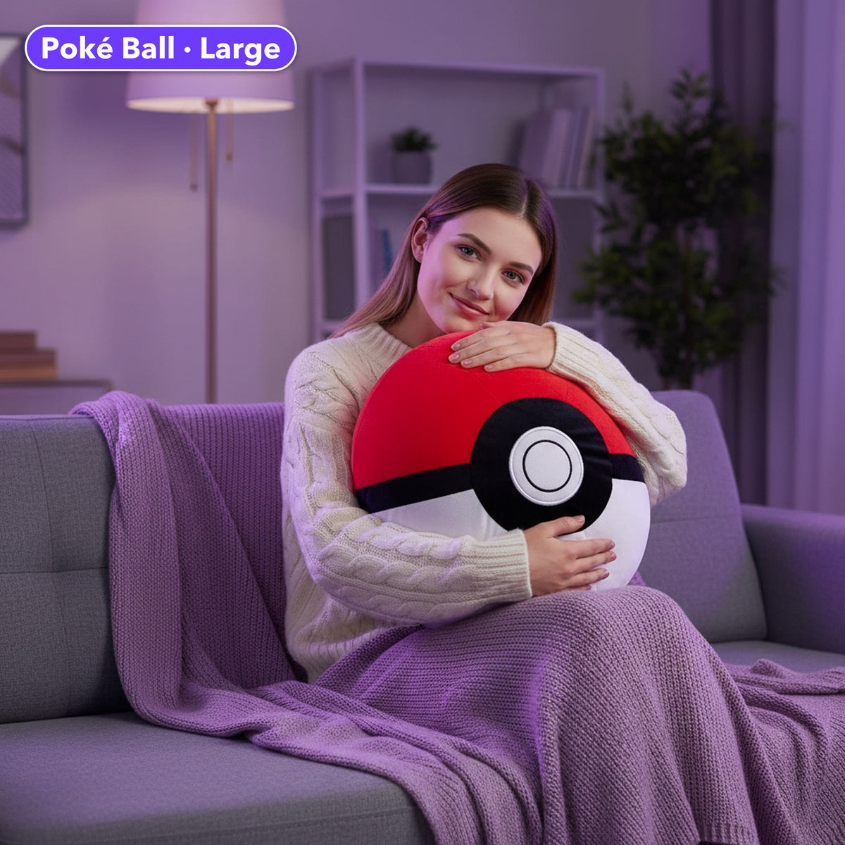 Legends Ball Cushion lifestyle - Large Poké Ball hugged on the sofa