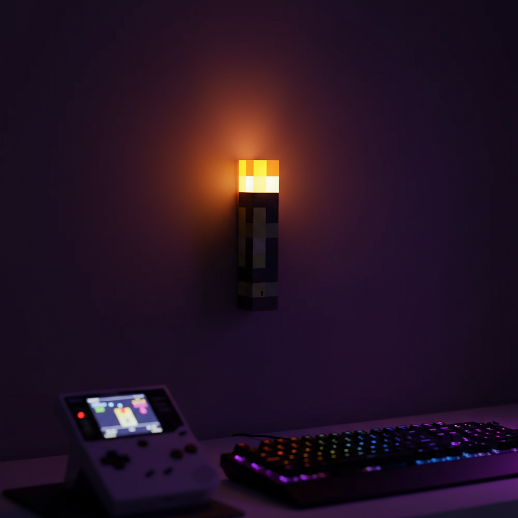 Overworld Torch wall mounted above a gaming desk