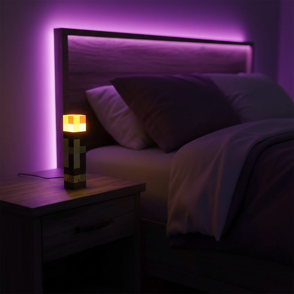 Overworld Torch on a nightstand in a gamer bedroom