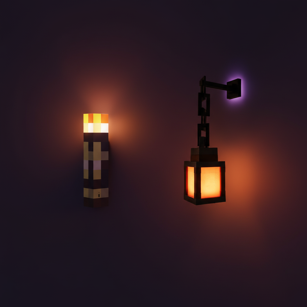 Overworld Torch and Lantern Duo mounted together on a purple wall