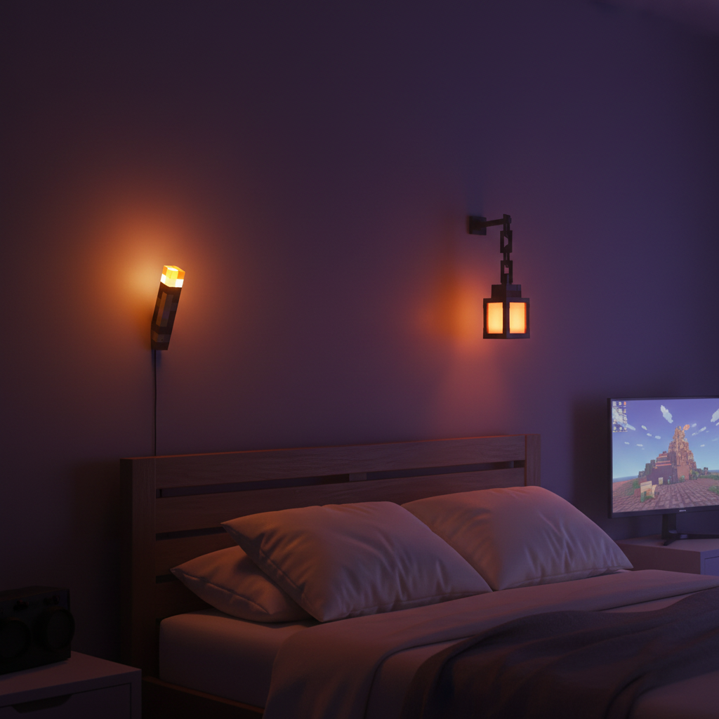 Overworld Torch and Lantern wall mounted above a bed at night