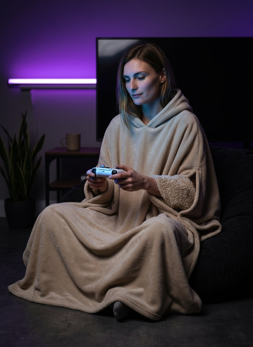 Legends Eden Hoodie in Sand Beige, bean bag gaming with the plush lining shown