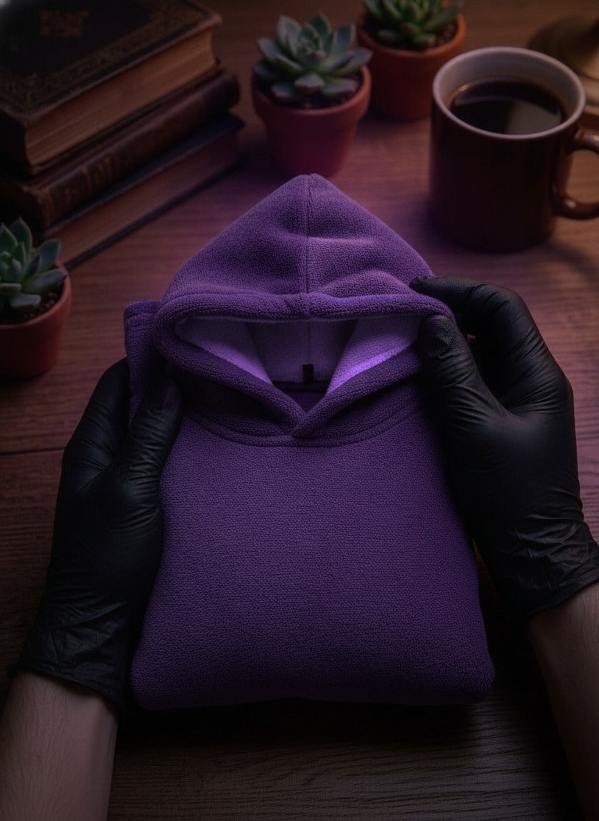 Legends Eden Hoodie in Mystic Purple, folded and held in black gloves