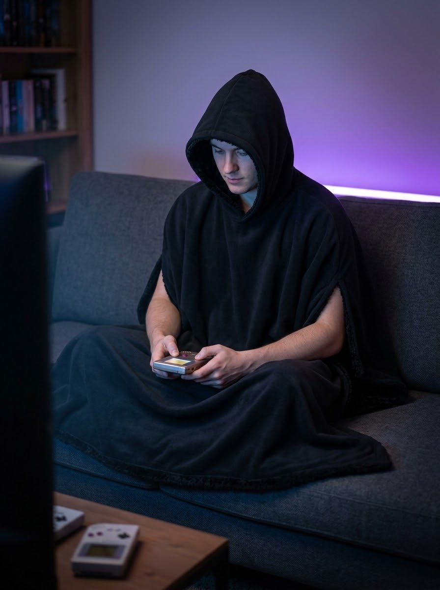 Legends Eden Hoodie in Shadow Black, hood up, playing a handheld on the couch