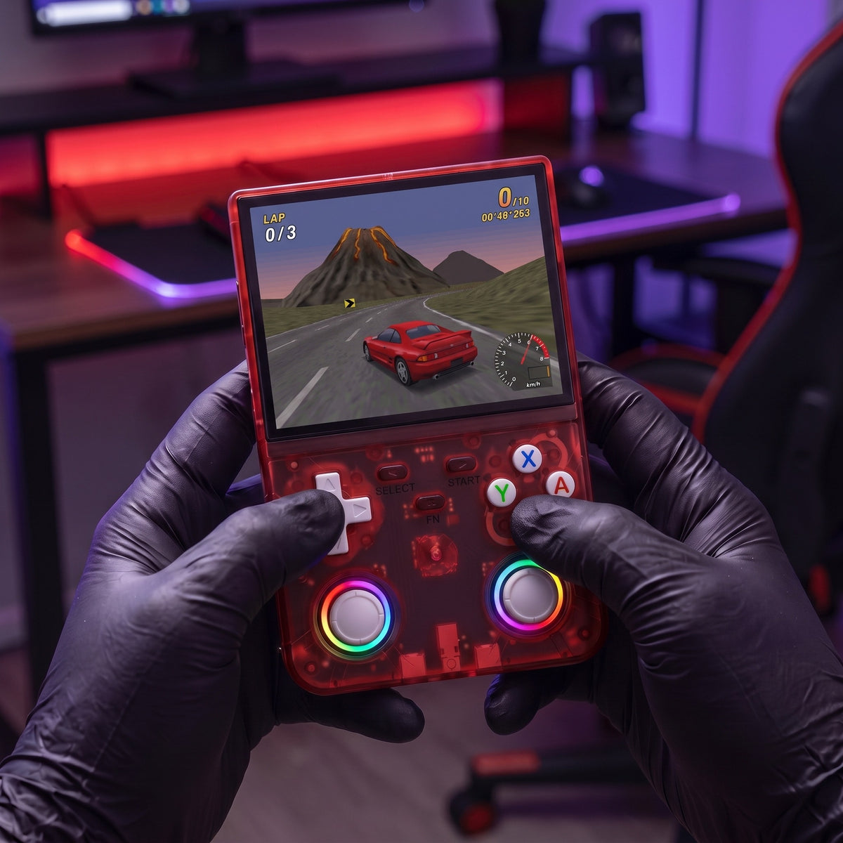 Playing the Pocket Era R36S Ultra Max in Crimson Red