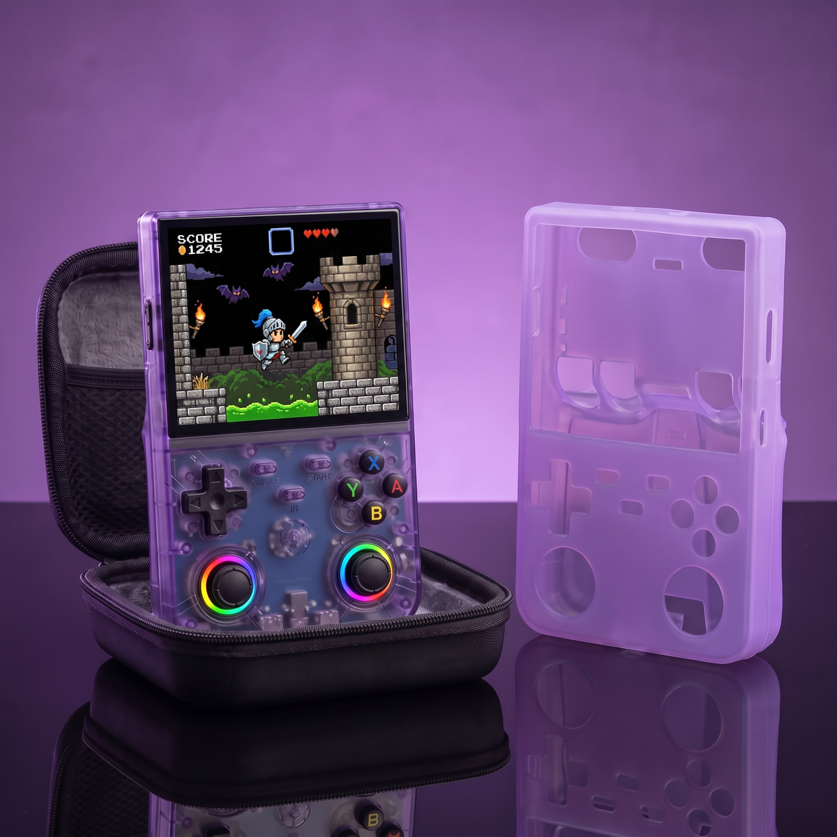The Pocket Era R36S Ultra Max in its open hard shell travel case, with the silicone daily case beside it